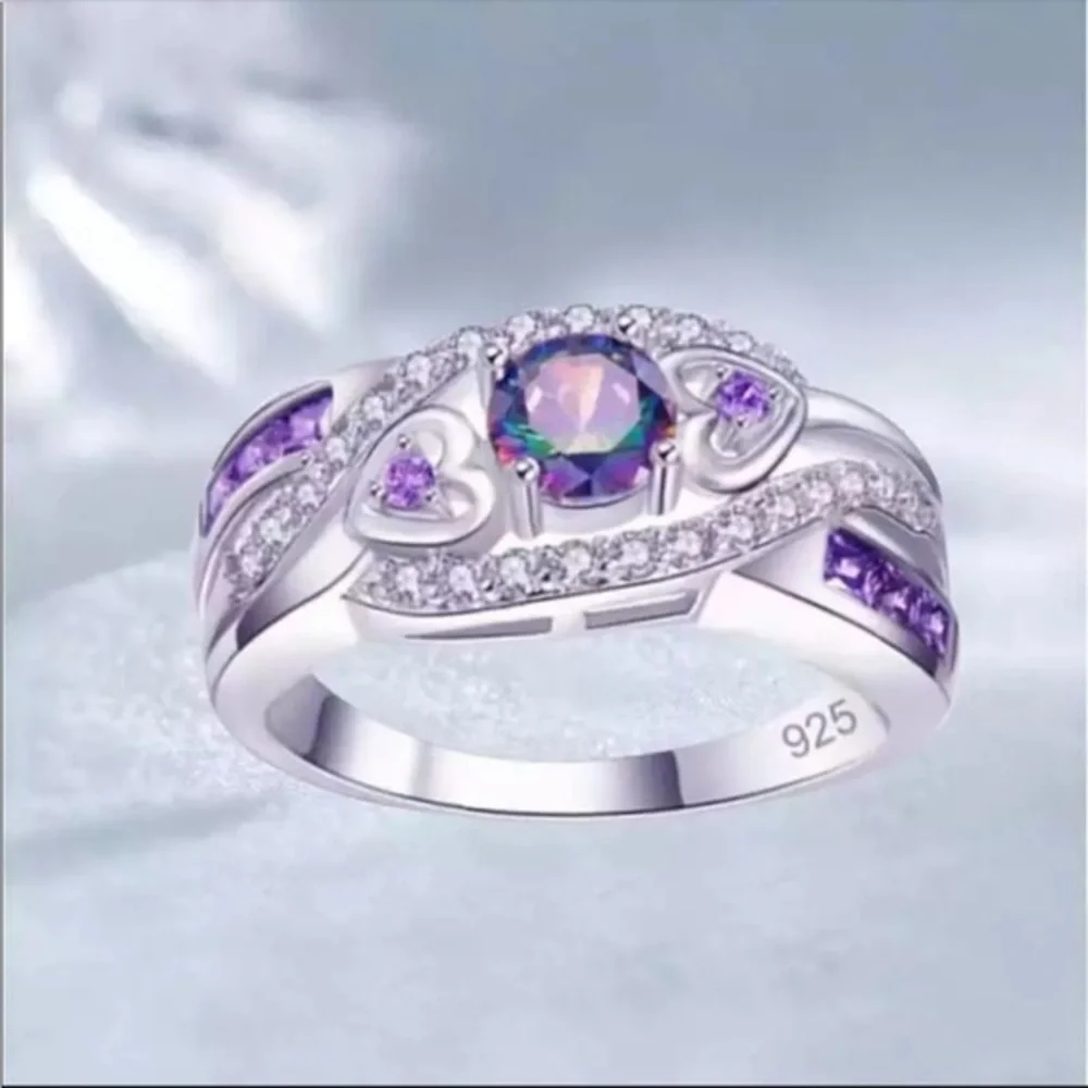 925 Sterling Silver Rainbow Topaz Solitaire with Purple Amethyst Inlay Ring - Picture 5 of 5